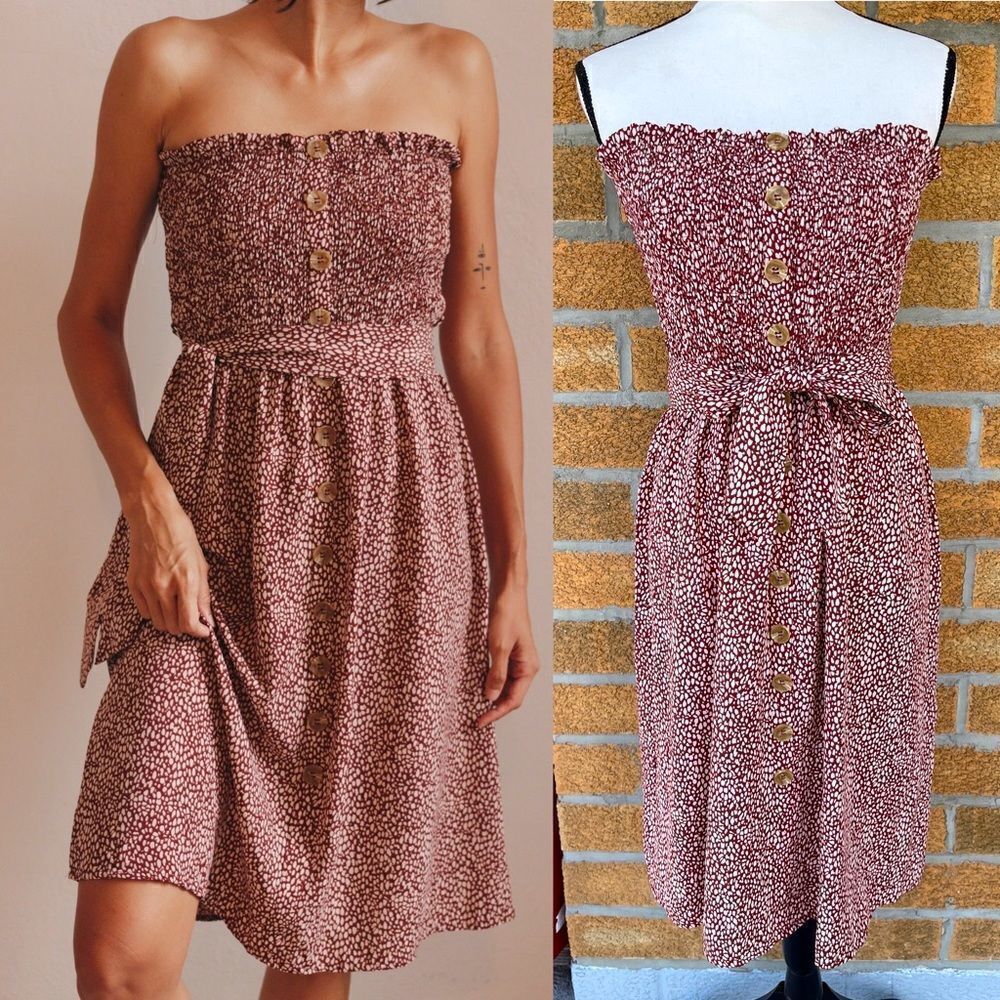 Crescent Medium Strapless Smocked Midi Dress Rust Speckled Animal Print Boho